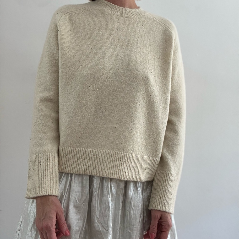 DKNY Women's Cream Sequin Crew Neck Sweater